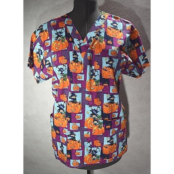 Women's Scrub Top Halloween Pumpkin Pattern Size Small - Picture 1 of 10